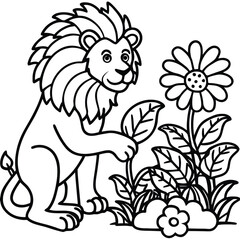 A lion in a garden with different activities kids coloring pages