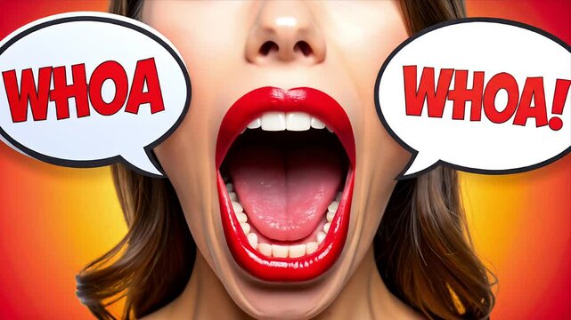 A woman shouts "WHOA" with comic bubbles, exaggerated features