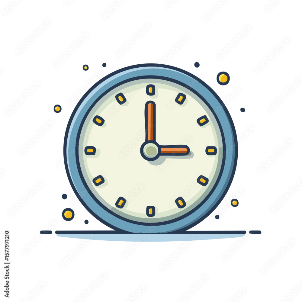 Poster cartoon clock showing three o'clock with round frame and time markers