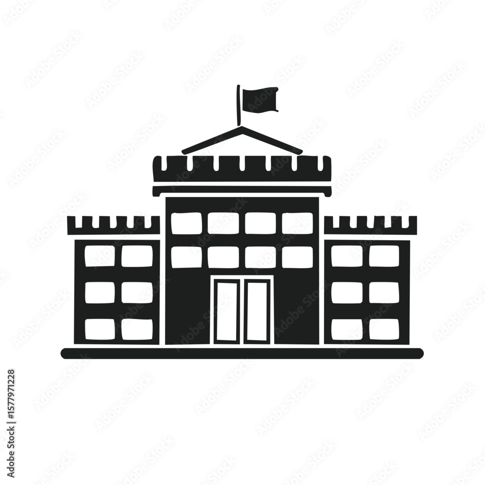 Poster symmetrical castle with a flag on top in a flat design black and white architecture
