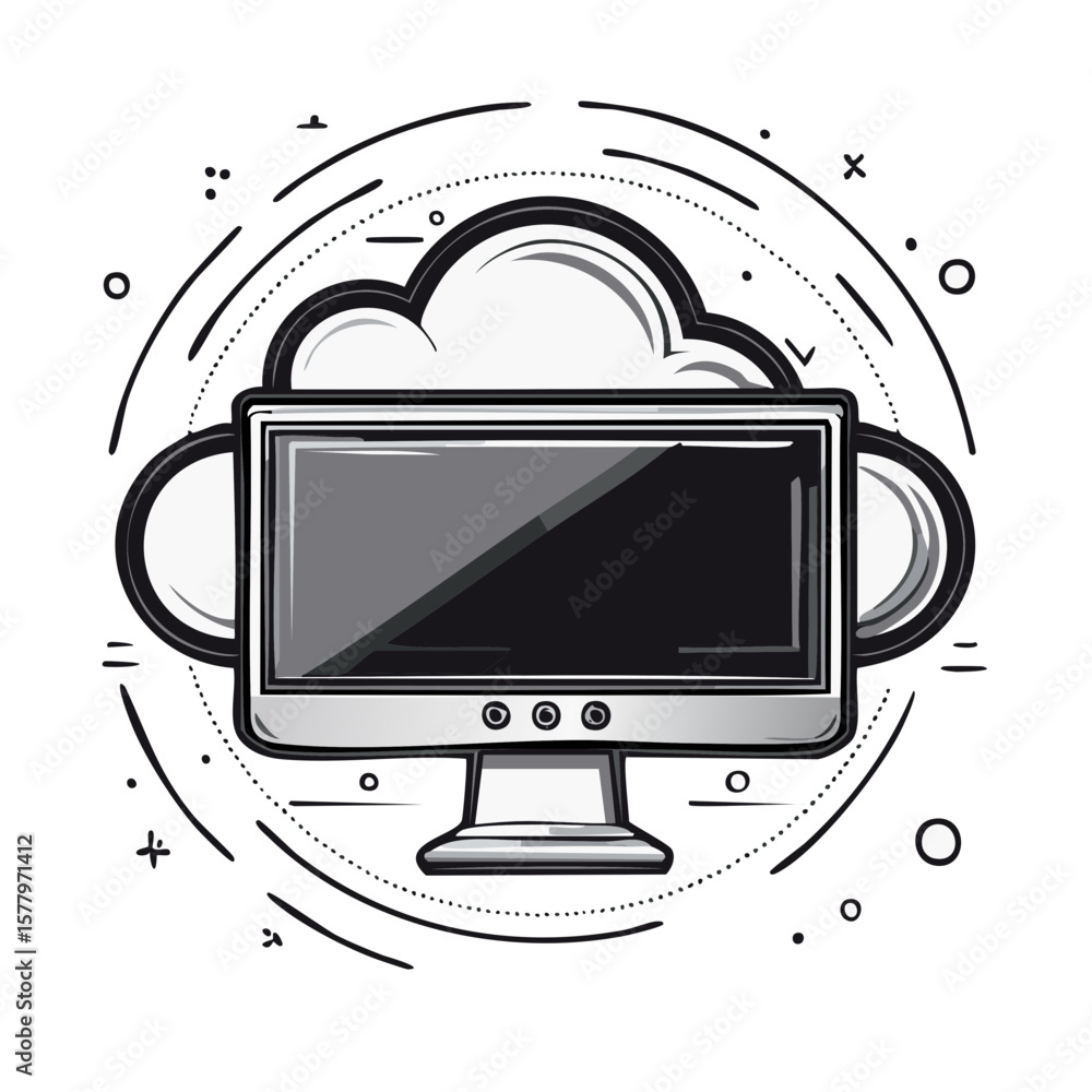 Poster cloud computing concept: modern computer monitor, data server and graphic lines