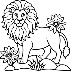 A lion in a garden with different activities kids coloring pages
