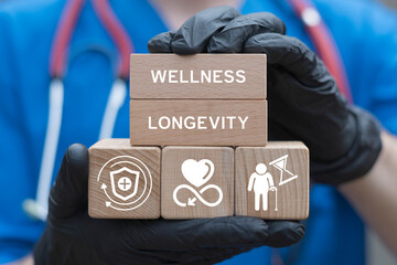 Physician holding wooden blocks with icons sees inscription: WELLNESS and LONGEVITY. Wellness and...