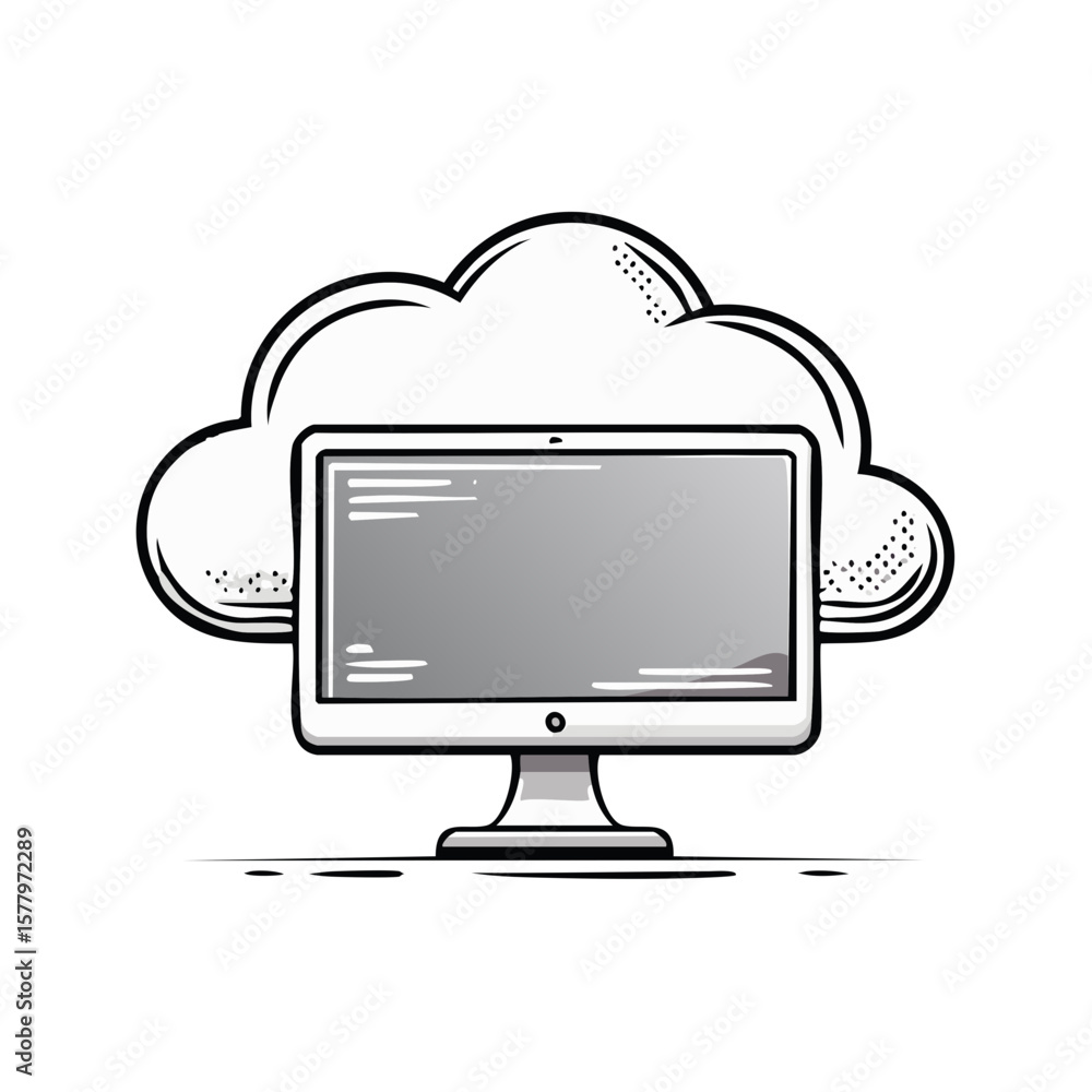 Poster stylized computer screen connected to digital cloud for data storage and processing