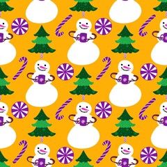 Christmas cartoon ice seamless snowman pattern for wrapping paper and fabrics