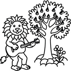 A lion in a garden with different activities kids coloring pages