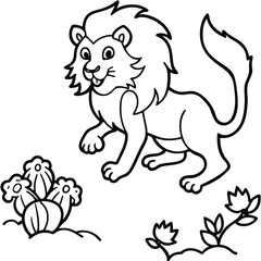 A lion in a garden with different activities kids coloring pages