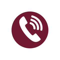Incoming telephone call graphic icon on circular background in maroon