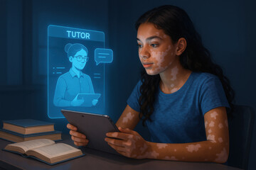 Young student with vitiligo using online tutoring platform on tablet