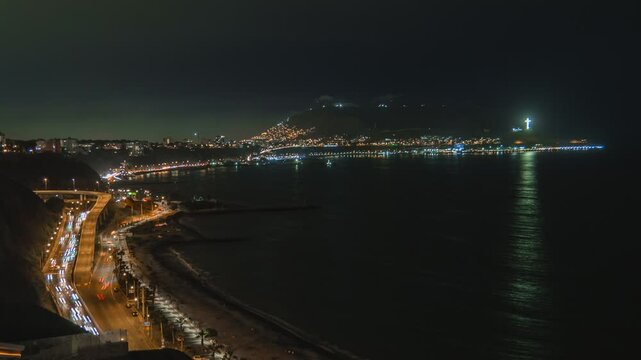 Night view of traffic along the miraflores coastline in lima, peru