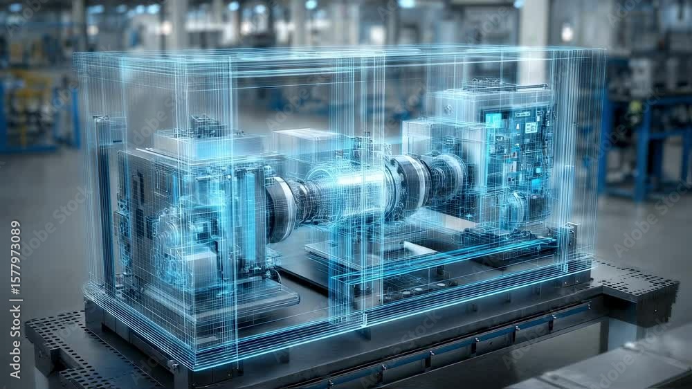 Poster hologram showcasing inner workings of machinery illuminates innovation in modern factory, symbolizin
