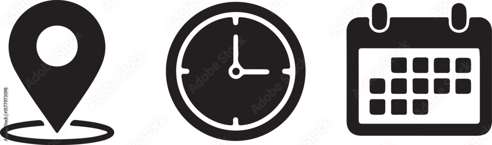 Poster location, time and date icons representing navigation scheduling and planning important events and a