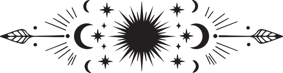 Celestial Eye Design with Sun, Moon, Stars, and Arrow Illustration in a Boho Occult Style Aesthetic