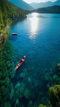 Wooden Boat Floating on Clear Lake Near Forest at Sunrise