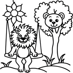 A lion in a garden with different activities kids coloring pages