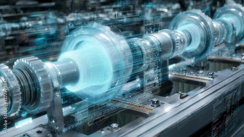 Poster futuristic industrial engineering is showing rotating turbine engine with hologram data analysis usi