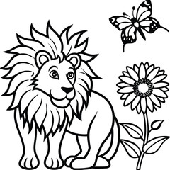 A lion in a garden with different activities kids coloring pages