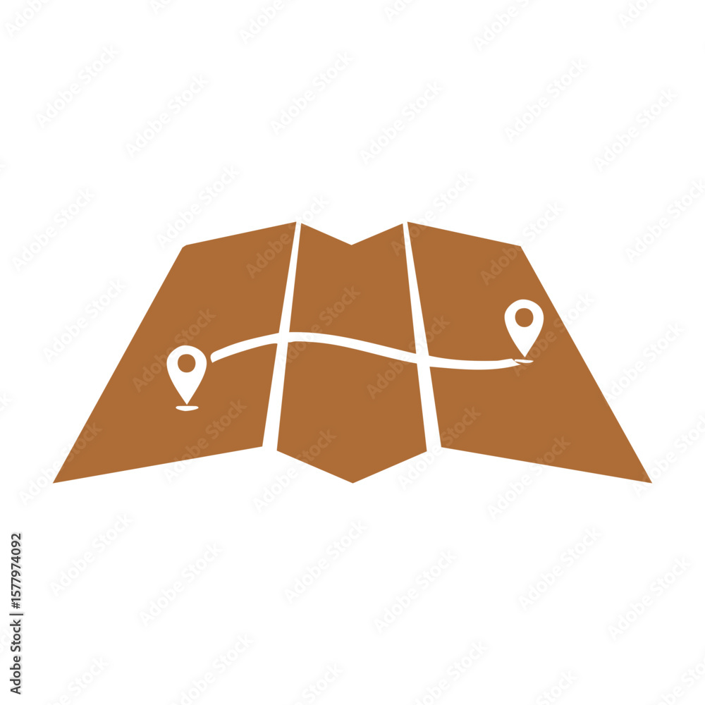 Poster destination points on folded map illustration with route line for navigation