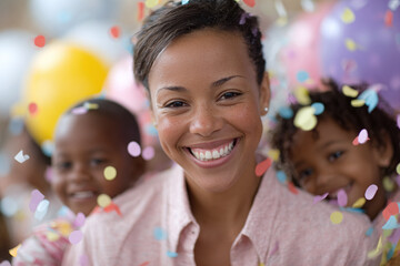 smiling teacher or a tutor celebrating the start of a school year with happy children in the background