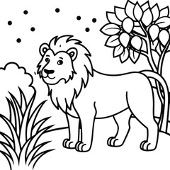 A lion in a garden with different activities kids coloring pages