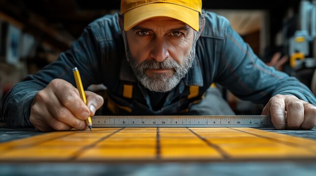 Focused carpenter marks measurement on wood with pencil and ruler