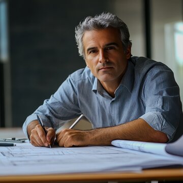 A visionary architect at a drafting table with blueprints