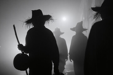 dark alive scarecrow silhouettes on a white foggy background, horror halloween theme