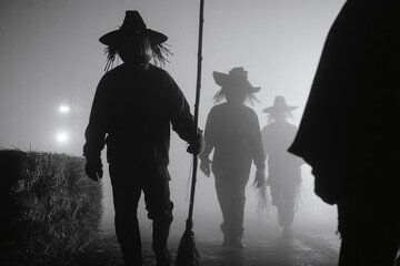 dark alive scarecrow silhouettes walking on a white foggy background, horror halloween theme