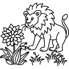 A lion in a garden with different activities kids coloring pages