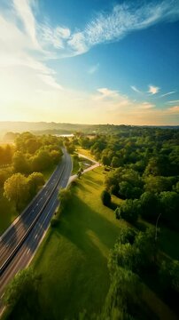 Curved Road Through Green Landscape at Sunrise with Blue Sky