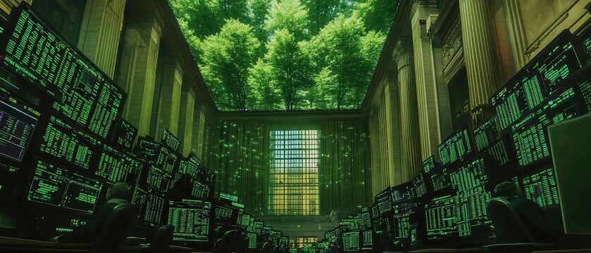 A Wall Street trading floor where AI brokers swap carbon futures, holograms of rising forests replacing ticker tapes