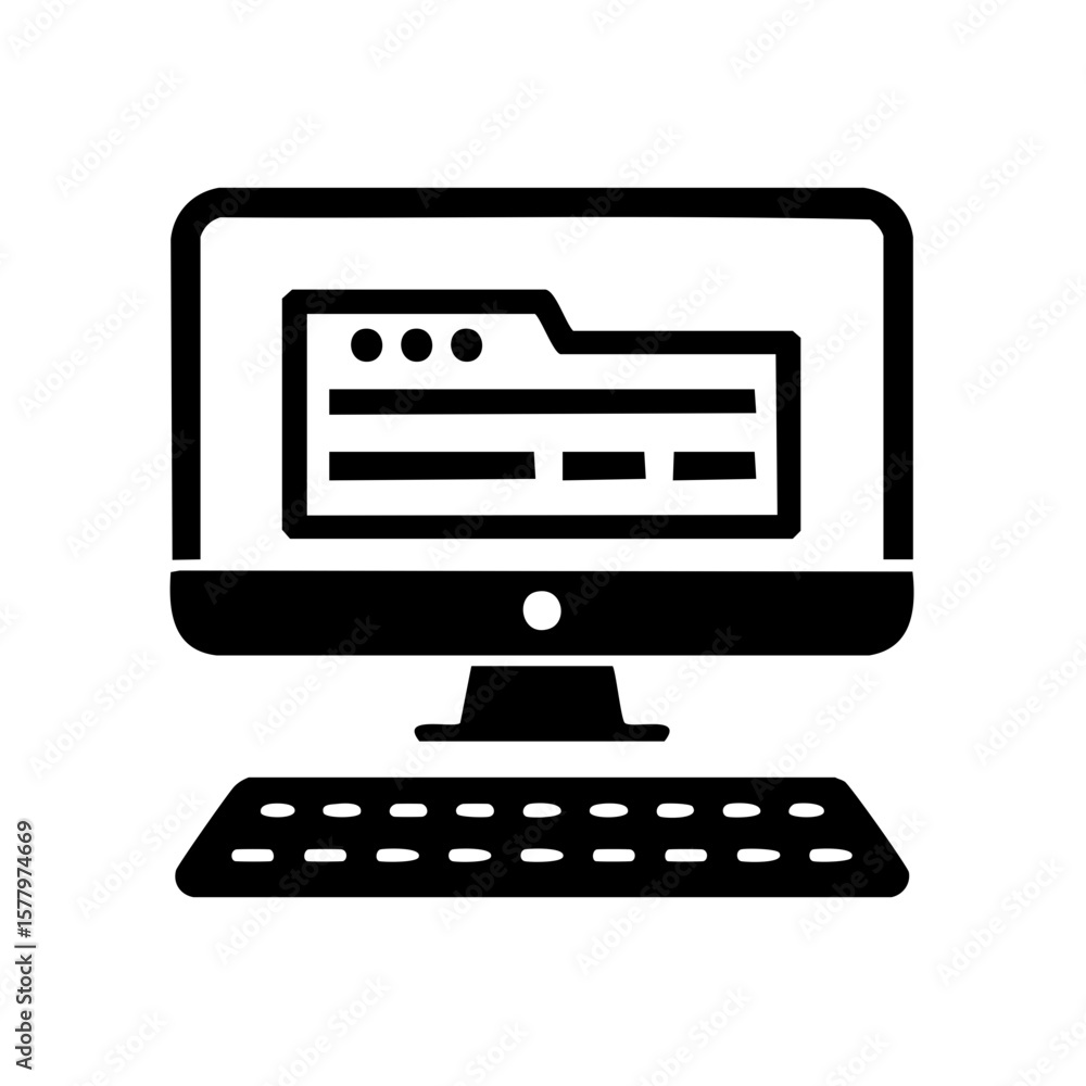 Poster desktop computer displaying file directory icon black and white design illustration