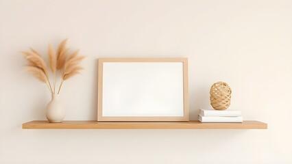 Poster art mockup with horizontal gold metal frame, dried grass in vase, basket plate and books on empty warm beige wall background. Boho interior decoration. A4, A3 format. 3d rendering, illustration