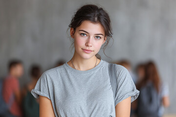 portrait of a young woman with her classmates in the background. Education in the university theme, back to school