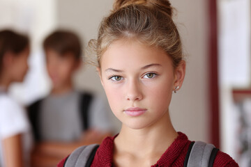 bullying victim, abused outsider standing apart of group of children