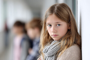 bullying victim, abused outsider standing apart of group of children