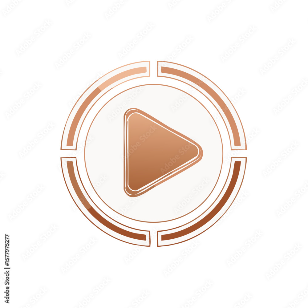 Poster elegant bronze circular play icon with gradient and geometrical trim on white background for multime