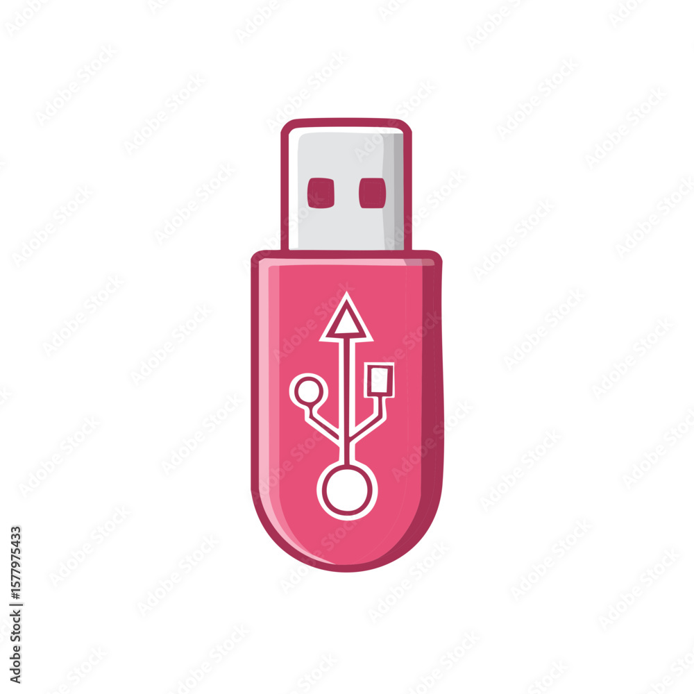 Poster flash drive memory stick vector icon in pink with connection symbol isolated