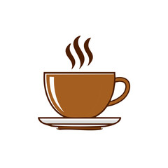 Obraz premium Steaming beverage illustration of a brown ceramic cup on a saucer, featuring stylized coffee vapors rising upwards