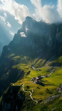 Mountain Valley With Winding Trail at Sunrise
