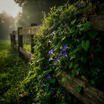 a wild patch of green morning glories climbing a rustic wooden fence at dawn
