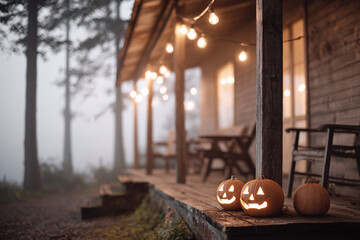 small wooden cottage in the wood decorated with jack o lanterns and garlands for halloween