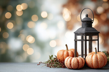 halloween lantern with tiny pumpkins decoration, abstract blurry sparkling background, copy space