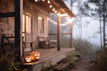 small wooden cottage in the wood decorated with jack o lanterns and garlands for halloween
