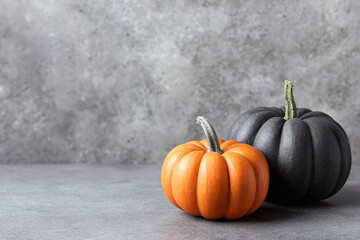 black and orange pumpkins on abstract grey background, copy space 