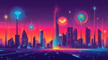 Futuristic cityscape at night with glowing WiFi symbols and neon lights