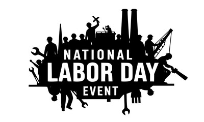 Obraz premium Celebrating the national labor day event with silhouettes of workers and tools in a black and white scene.