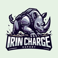 Aggressive armored rhino mascot illustration for an esport gaming team logo, featuring a powerful rhinoceros character charging with a rifle on its back