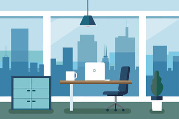 Modern office interior with desks, chairs, computers, and laptops, creating an empty yet functional business workplace design