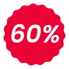60% Off Round starbursts zigzag shape sales badge icon in red color, Shopping label concept for sales tags. Colorful flat design for app ads web button ui ux elements isolated on white background